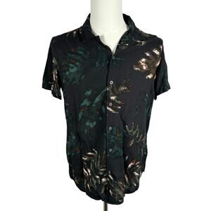 Free Planet Mens Black Short Sleeve Button Down Shirt Medium Leaf Casual